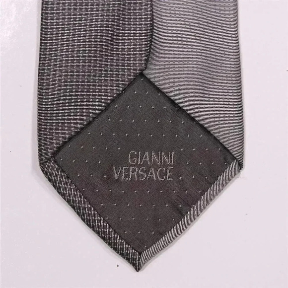 Gianni Versace Vintage 90's Gray/Black Check Geometric Print Silk Necktie Tie - Picture 7 of 9